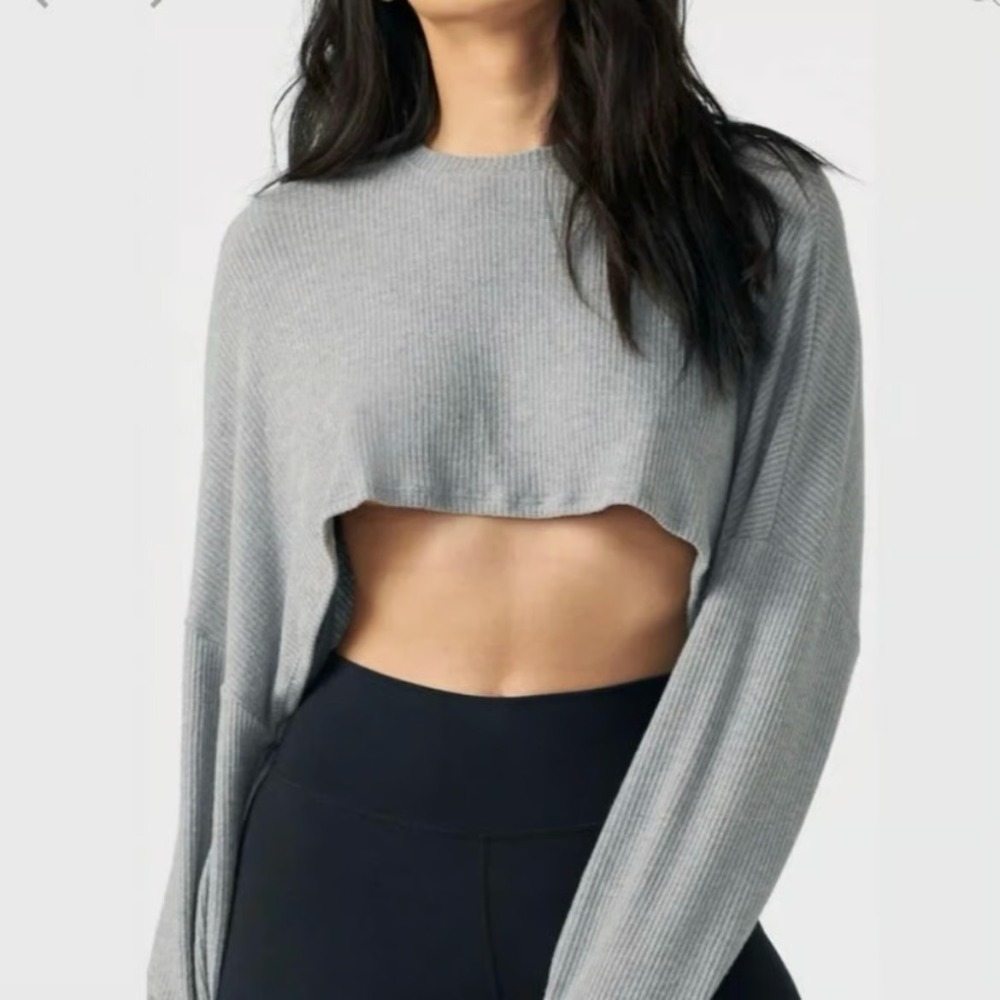 Joan Brown Slouchy Crop Pullover Sz One Size Gray Ribbed Long Sleeve City Modern